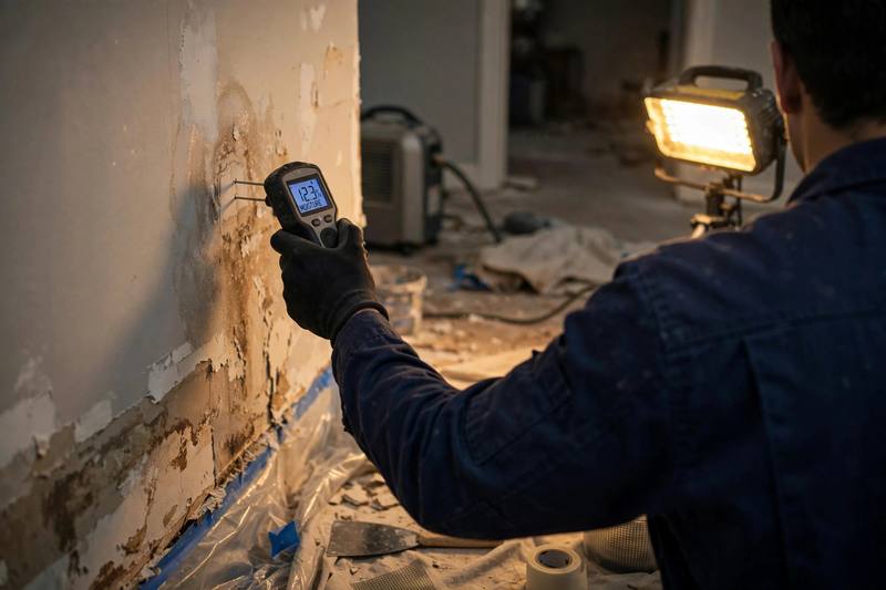 Technician taking moisture readings on a drying job