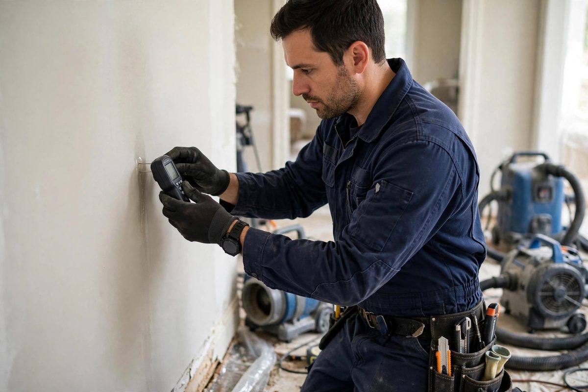 Technician using a moisture meter on drywall